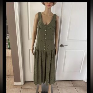 HOUSE OF HARLOW 1960 Cotton Eyelet Faux Button Front Dress in Olive. Size 10
